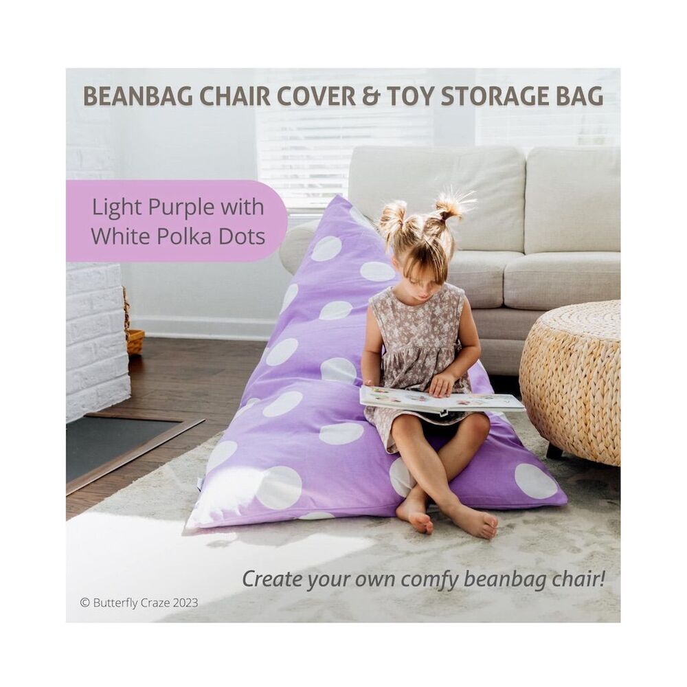 Butterfly Craze Kids Bean Bag Cover Purple Polka Dots Toy Organizer